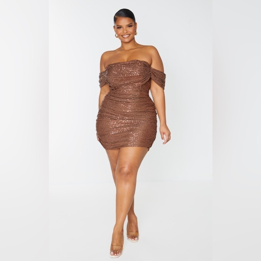 NWT PRETTY LITTLE THING PLUS CHOCOLATE SEQUIN BARDOT BODYCON DRESS - Picture 7 of 9